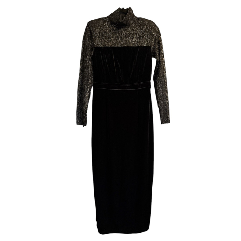 Velvet Dress Size M Black and Gold Lace Structured Bodice